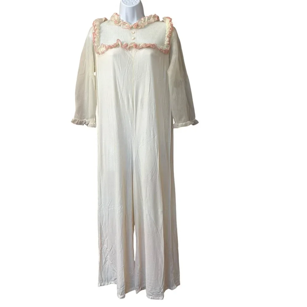 Vintage Union Jeri Morton Sleep Jumpsuit‎ White Pink Lace Sheer Size Medium